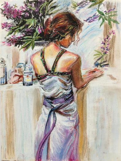Muchacha con vestido de satín / Chalk pastels on paper