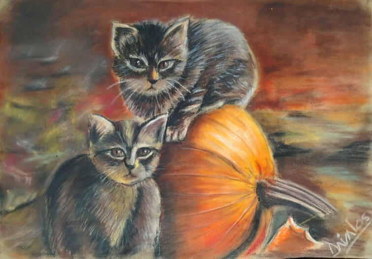Michis con calabaza / Chalk pastels on paper
