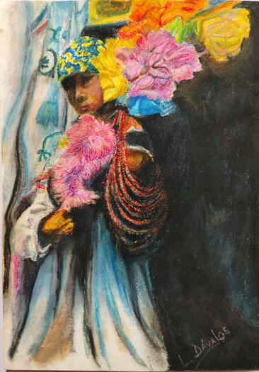 Niño con flores / Oil pastels on cardboard