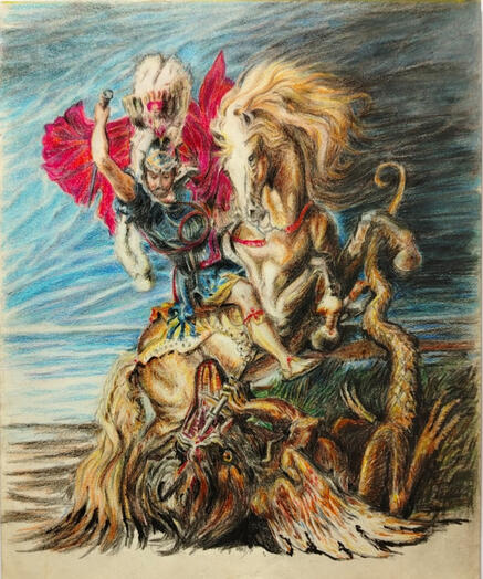 San Jorge y el dragón (Referencing Ruben's work) / Color pencils on paper